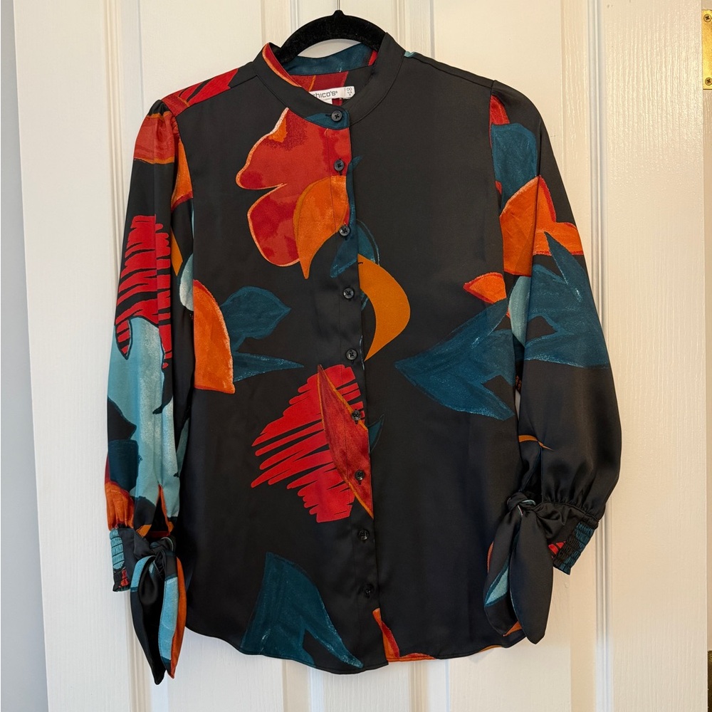 Chico’s Floral Button-Up Blouse - Black, Red, Orange, Teal EUC